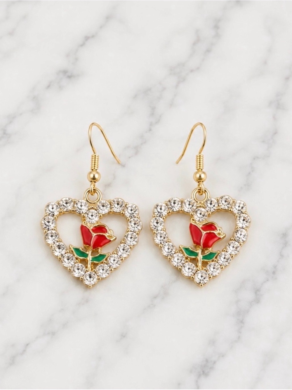 Gold Tone Heart Shaped Drop Earrings with Center Red Rose and Clear Stone Accent